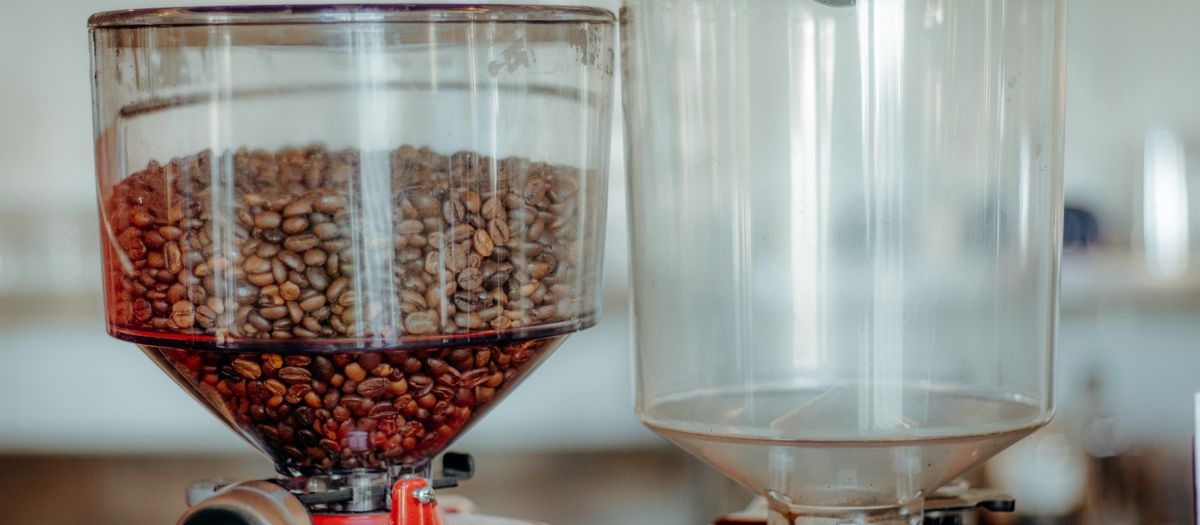 Close-up of a commercial coffee grinder with a full bean hopper in a cafe setting.